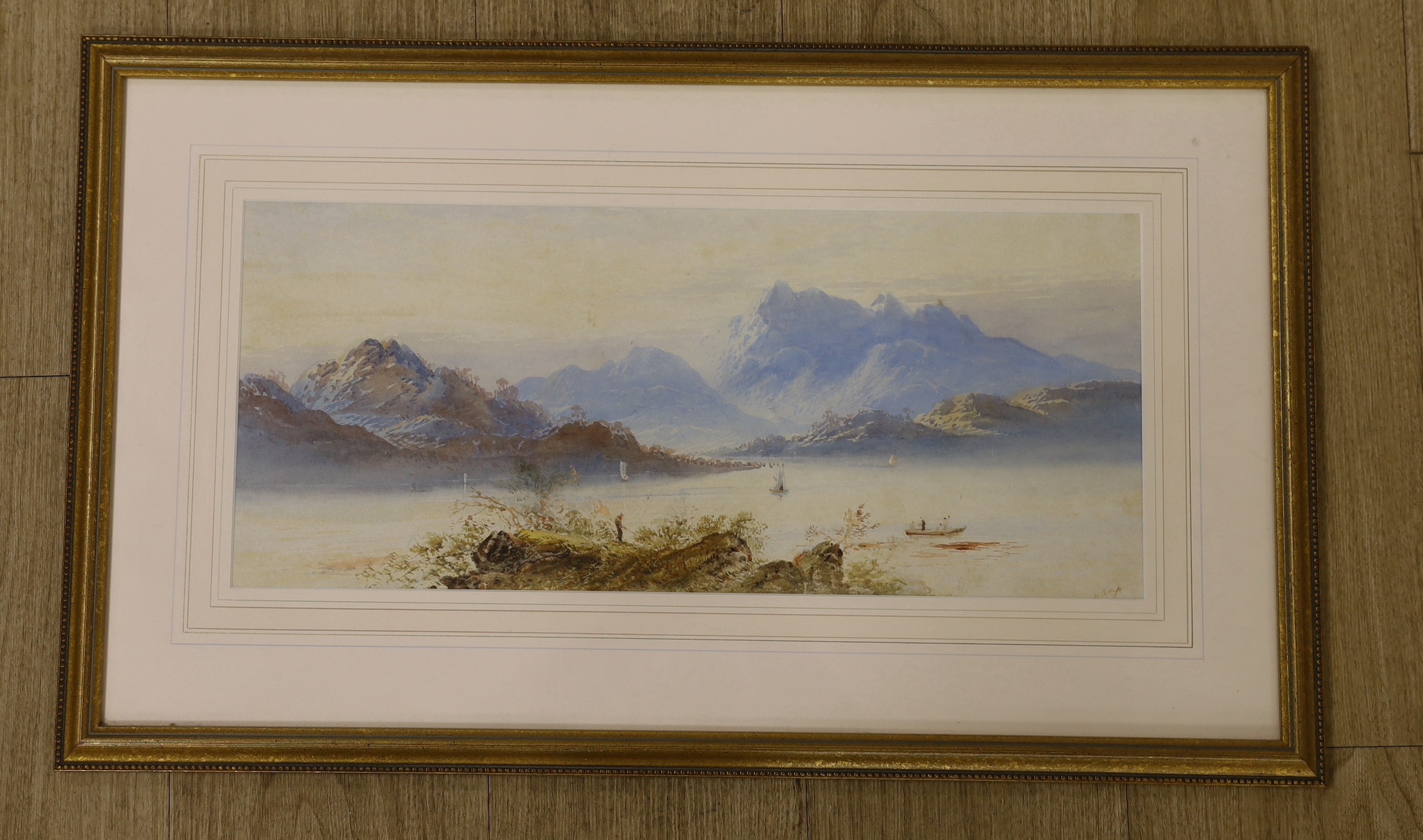 William Earp (1831-1914), watercolour, Loch scene, signed, 22 x 51cm